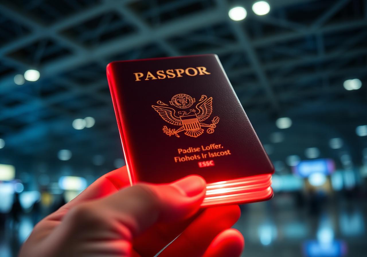 Passfodralet lyser på en disk i en flygplatsterminal nattetid
